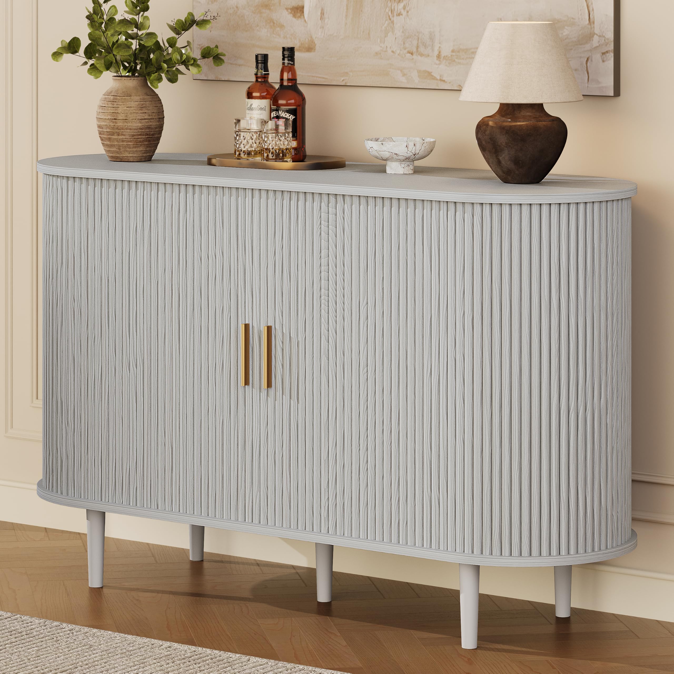 DHH 47.2" Sideboard Buffet Cabinet with Storage,Mid Century Modern Fluted Accent Coffee Bar Console Table,Tambour Sliding Doors&amp; Adjustable Shelf for Kitchen, Living Room, Entryway (Grayish White)