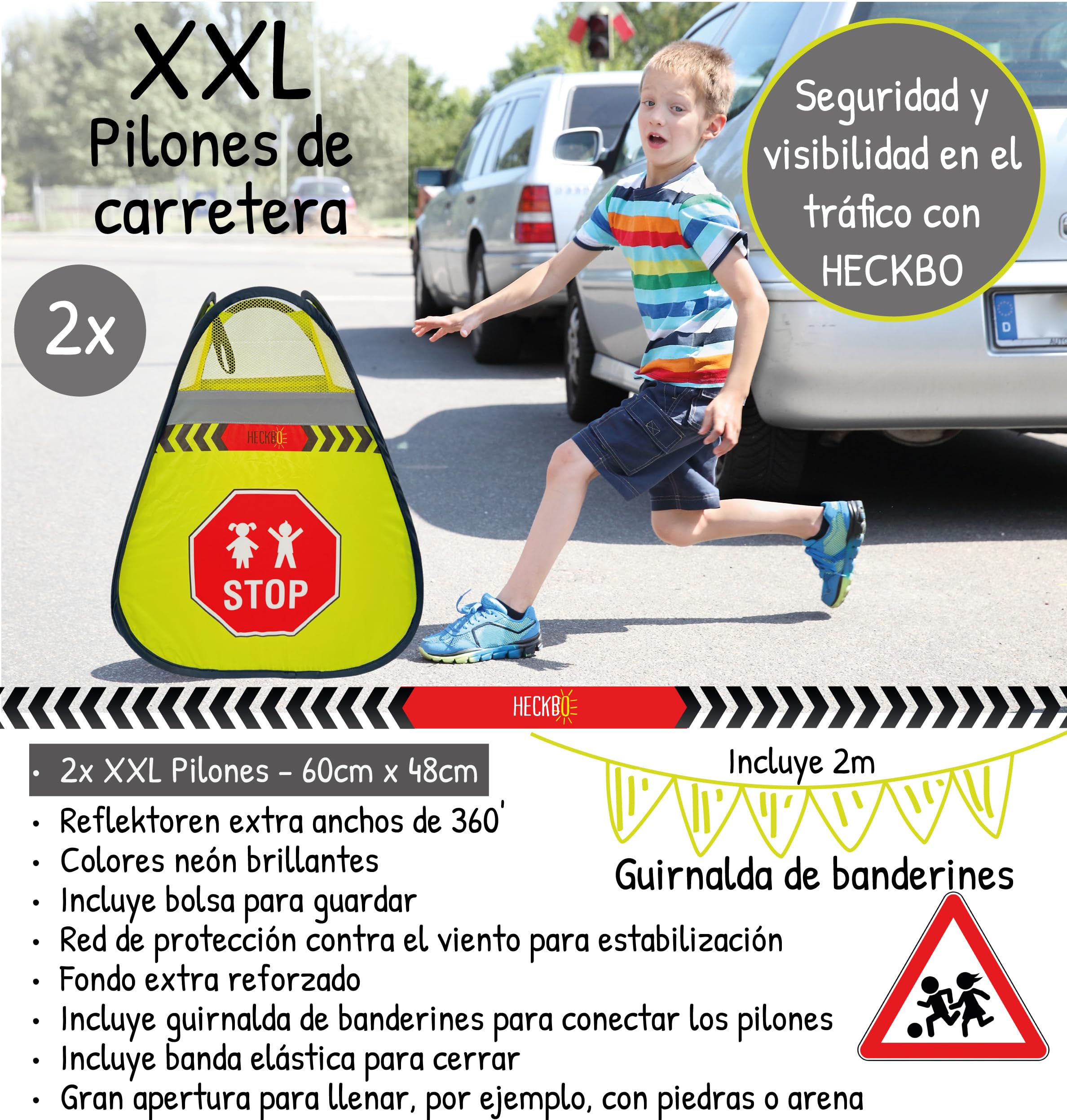 HECKBO 2 carteles de advertencia de calle para niños, con pilones y banderines, juego de seguridad para niños