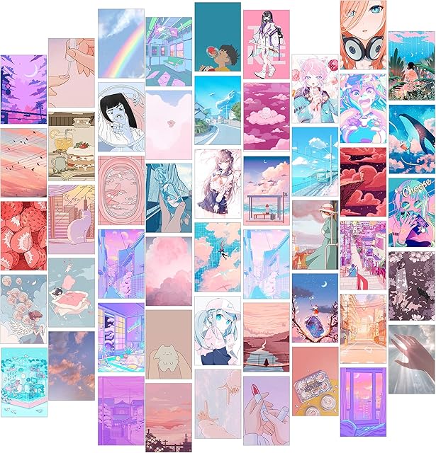 Pink Kawaii Room Decor Aesthetic, 50pcs Kawaii Wall Decor for Japanese Room Decor, Cute Kawaii Stuff and Anime Accessories for Room, Anime Posters for Room, Anime Wall Collage Kit, Trendy Anime Things