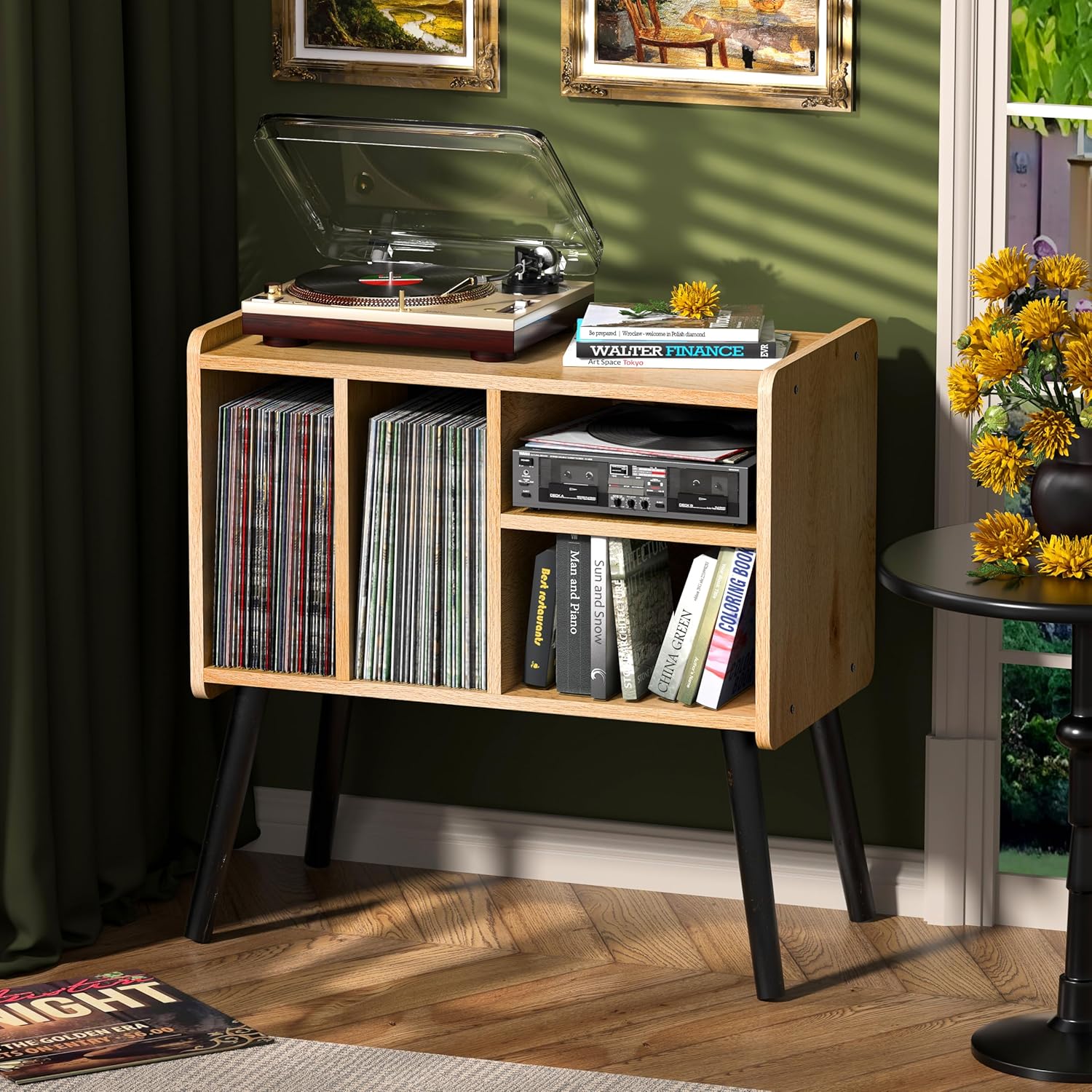 Record Player Table, Mid-Century Record Player Stand with Vinyl Storage Hold Up to 150+ Albums, Vinyl Record Cabinet with Adjustable Shelves, Wood Turntable Stand for Music Living Room (Walnut)