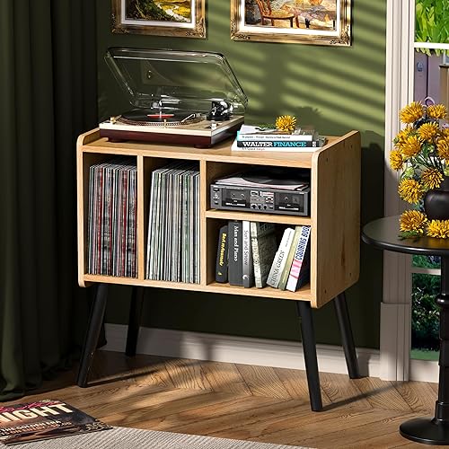 Mesa de tocadiscos, soporte para tocadiscos de mediados de siglo con almacenamiento de vinilo con capacidad para más de 150 álbumes, gabinete de