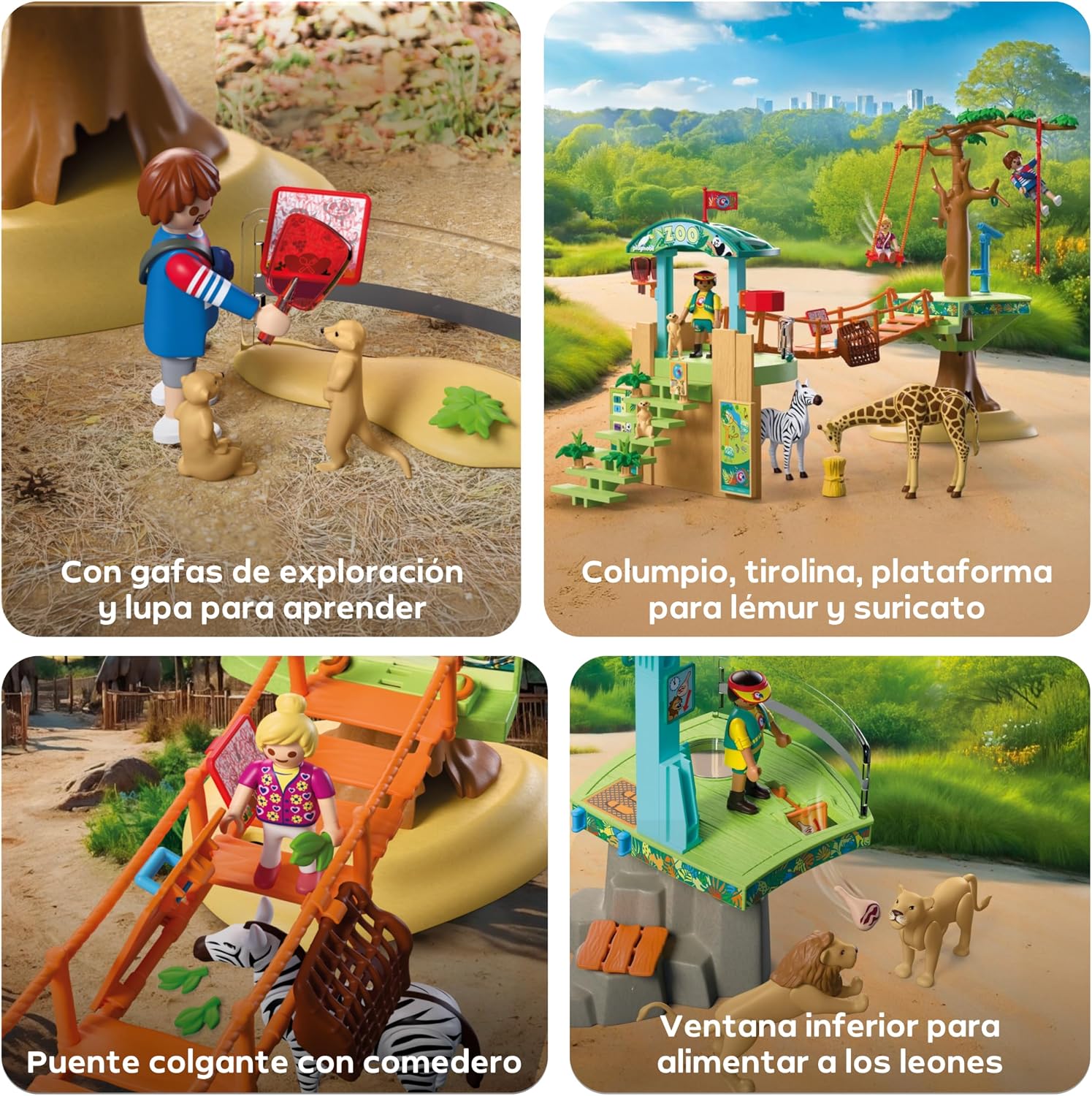 Close-up details of the PLAYMOBIL Zoo set, including explorer glasses, a swing, a hanging bridge, and a lion feeding window.