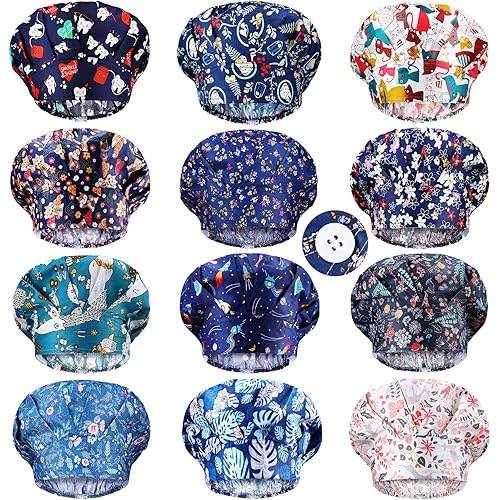 Geyoga 12 Pieces Bouffant Caps for Women Adjustable Tie Back Hats with Button and Sweatband Printed Caps for Men Women (Classic Pattern)
