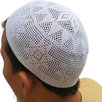 Muslim Prayer Caps by Feeha - White Knitted Kufi, Zakir Naik Caps, Taqiya Takke Peci for Men