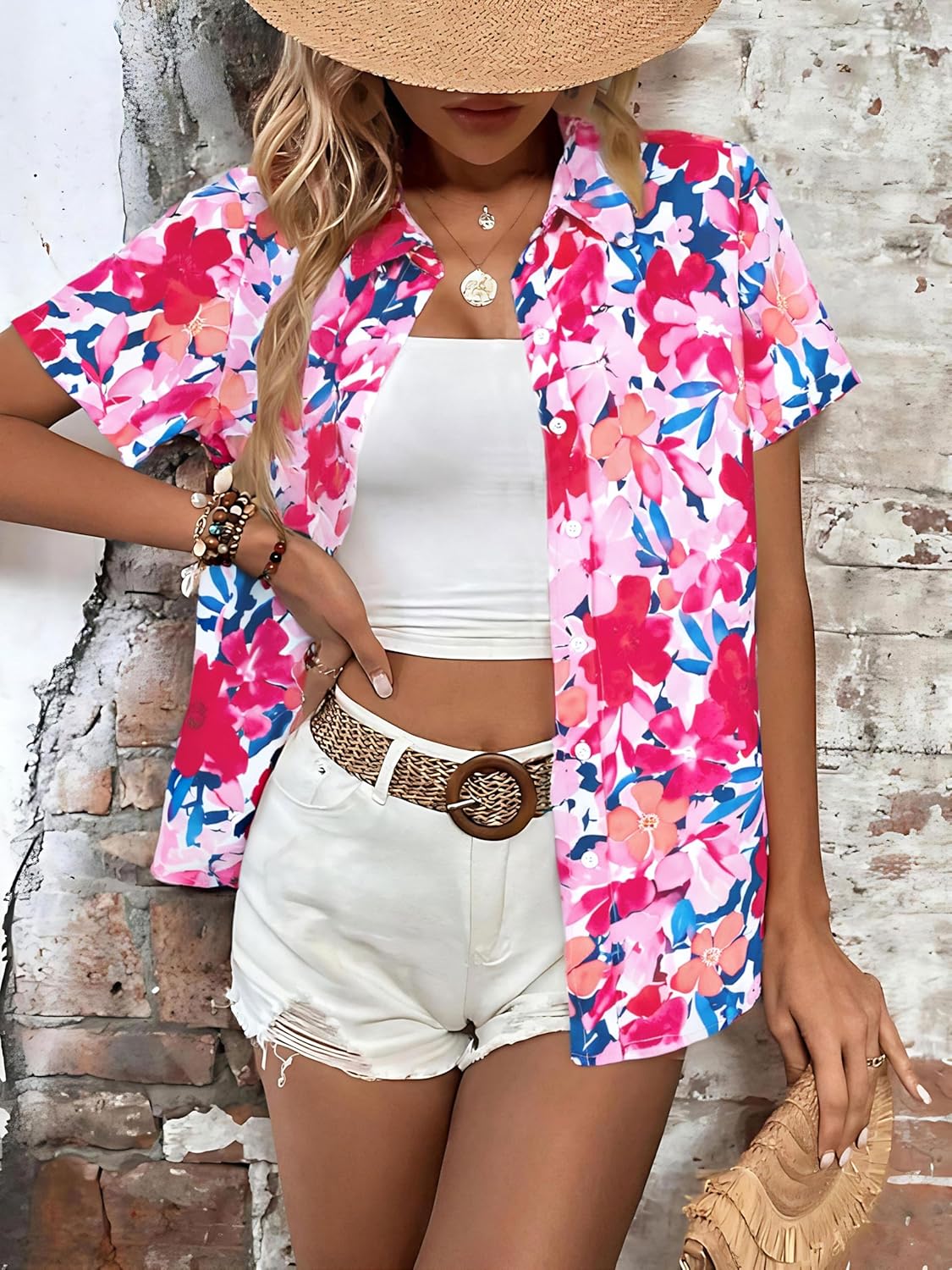 Hawaiian Shirts for Women Hawaii Tropical Button Down Tops Summer Beach Vacation Outfits Floral Short Sleeve Blouses - Image 3