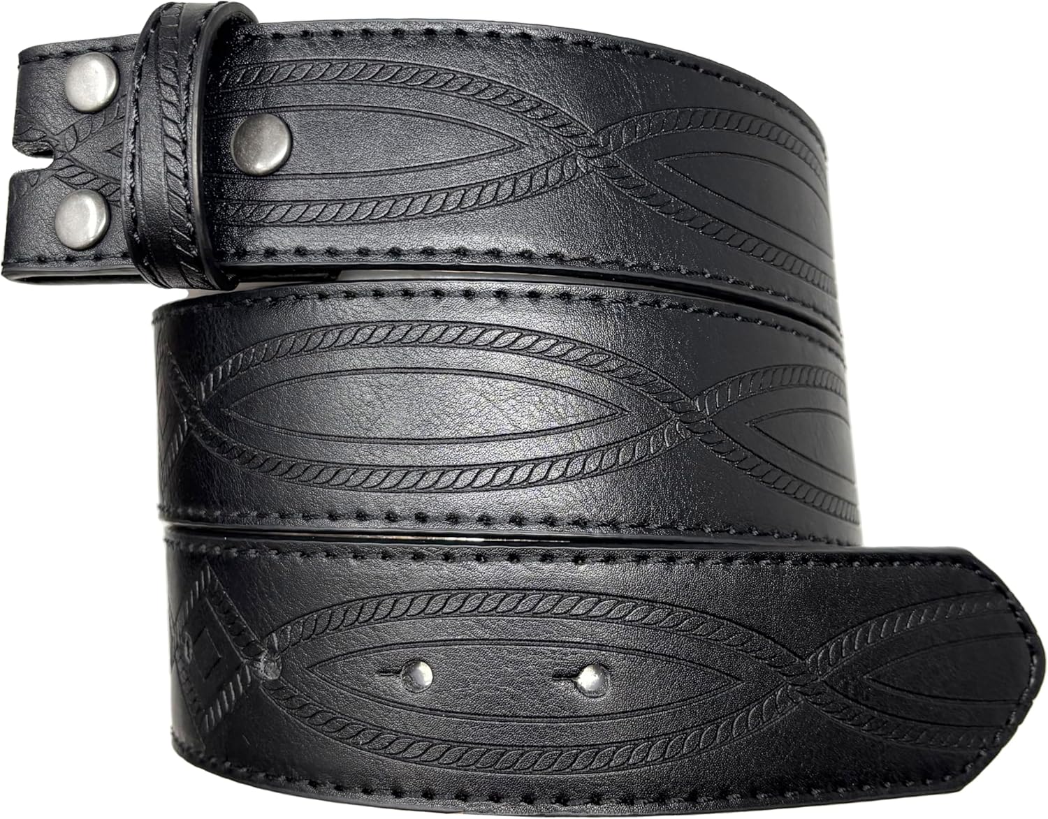 BC Belts Leather Belt Strap with Fancy Saddle Stitch Embossed Pattern 1.5" Wide with Snaps
