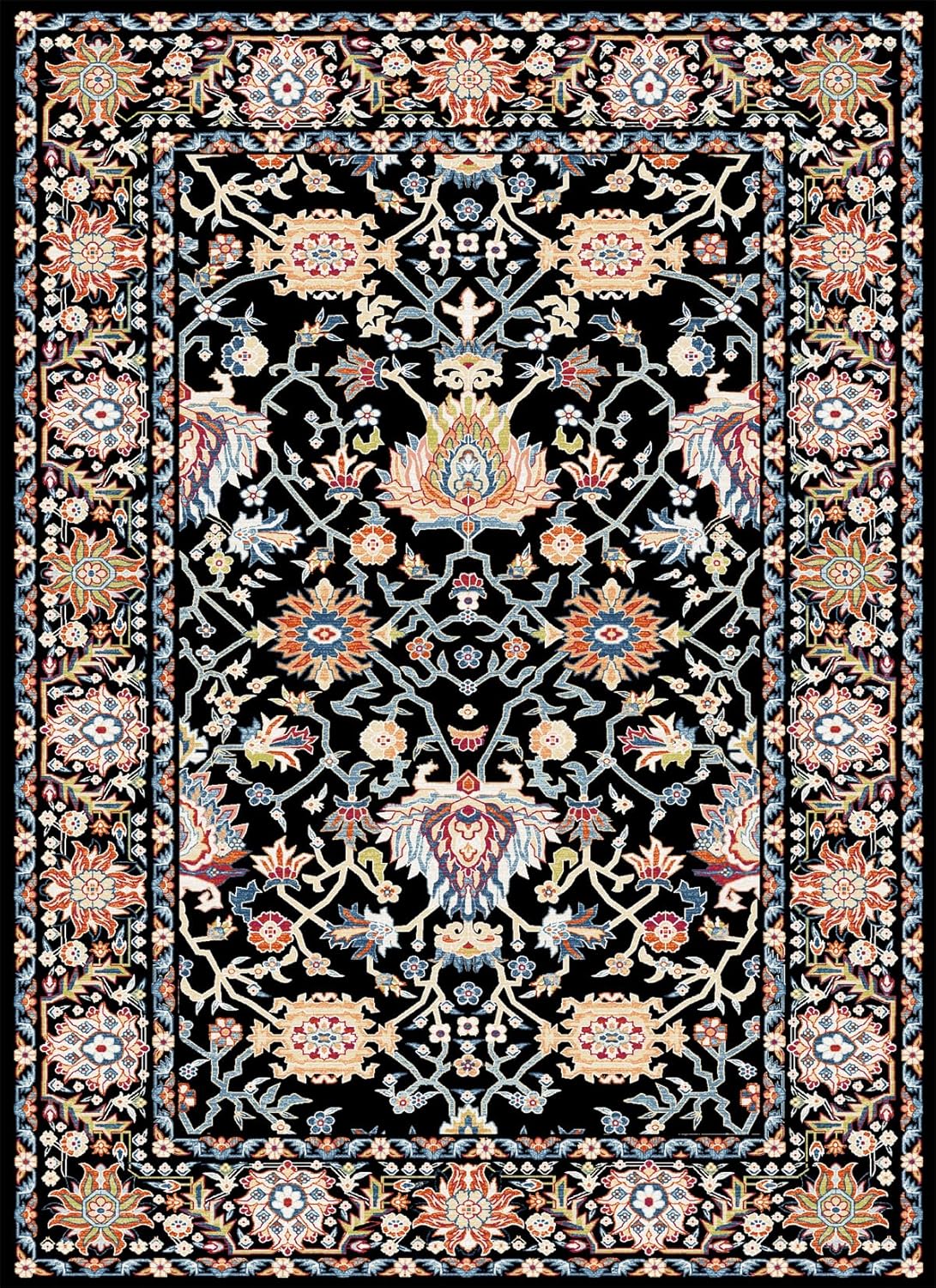 Washable 10x12 Area Rug, Extra Large Area Rug for Living Room, Black Boho Vintage Floral, Ultra Soft, Stain Resistant, Pet & Kid Friendly Rugs for Bedroom Dining Room