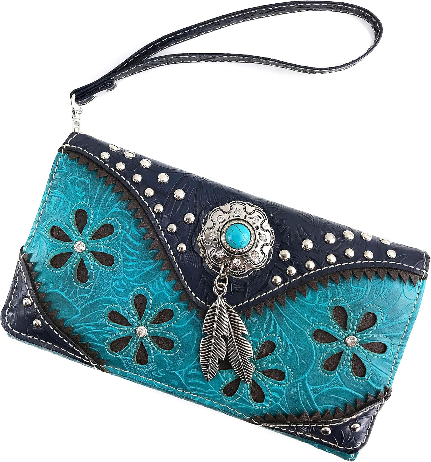 Zelris Floral Western Pu Tooled Leather Turquoise Concho Feathers Crossbody Trifold Wallet