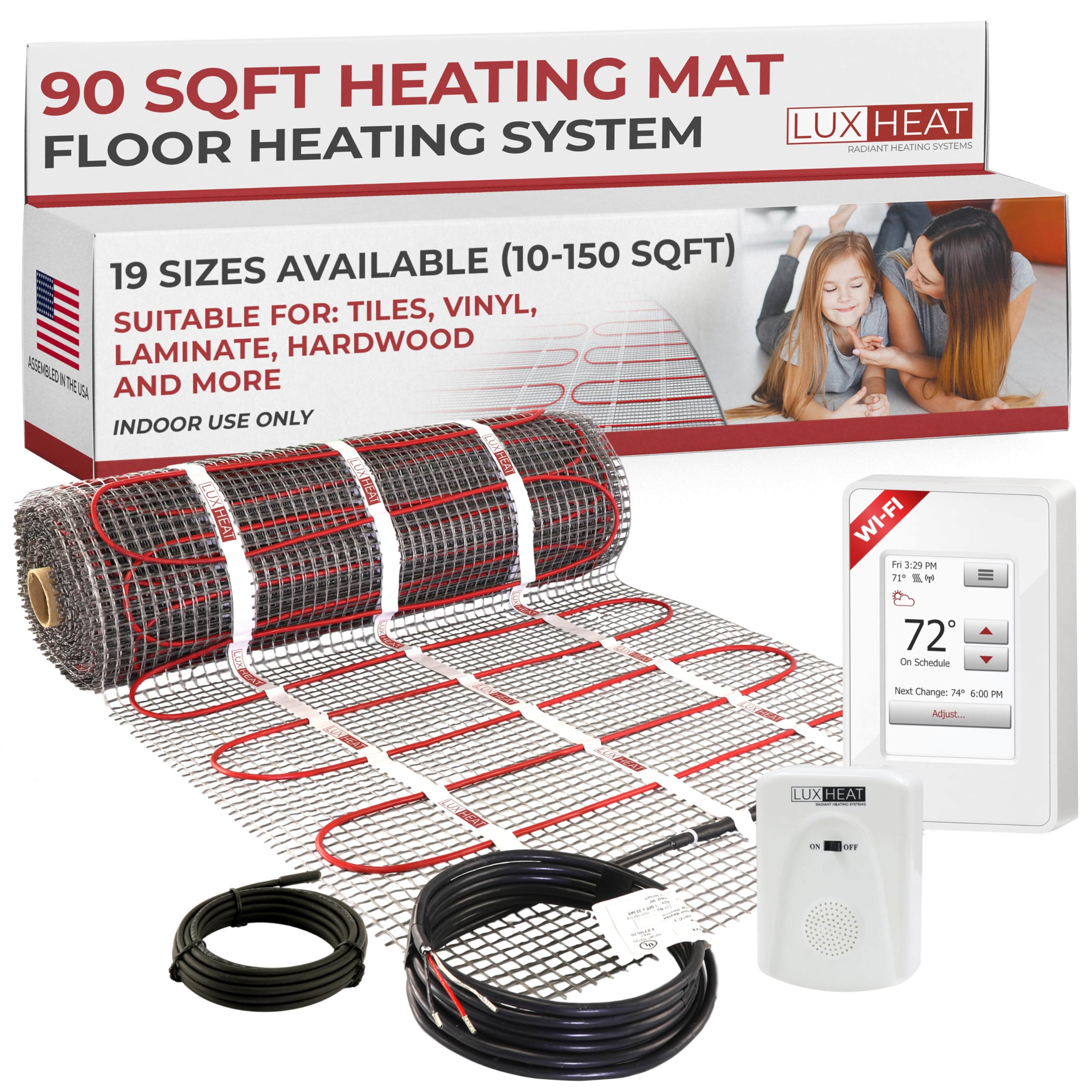 LuxHeat 90sqft Floor Heating Mat Kit - 120v Under Tile Floor Heating System - Electric Radiant Heated Flooring System for Laminate - Includes UWG4 WiFi Programmable Thermostat w/GFCI, Alarm & Sensor