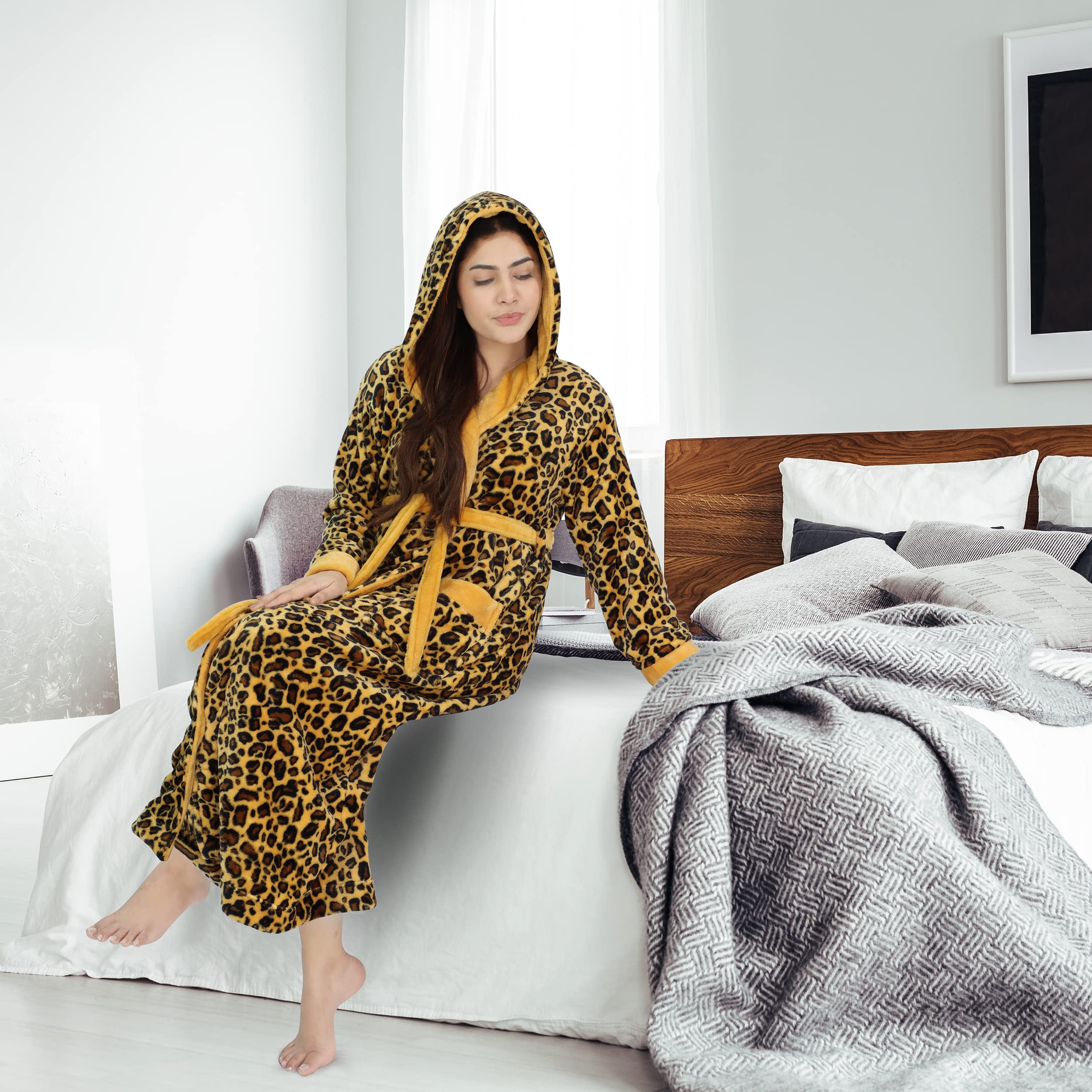 NY Threads Womens Fleece Hooded Bath Robe Plush Long Robe, Leopard