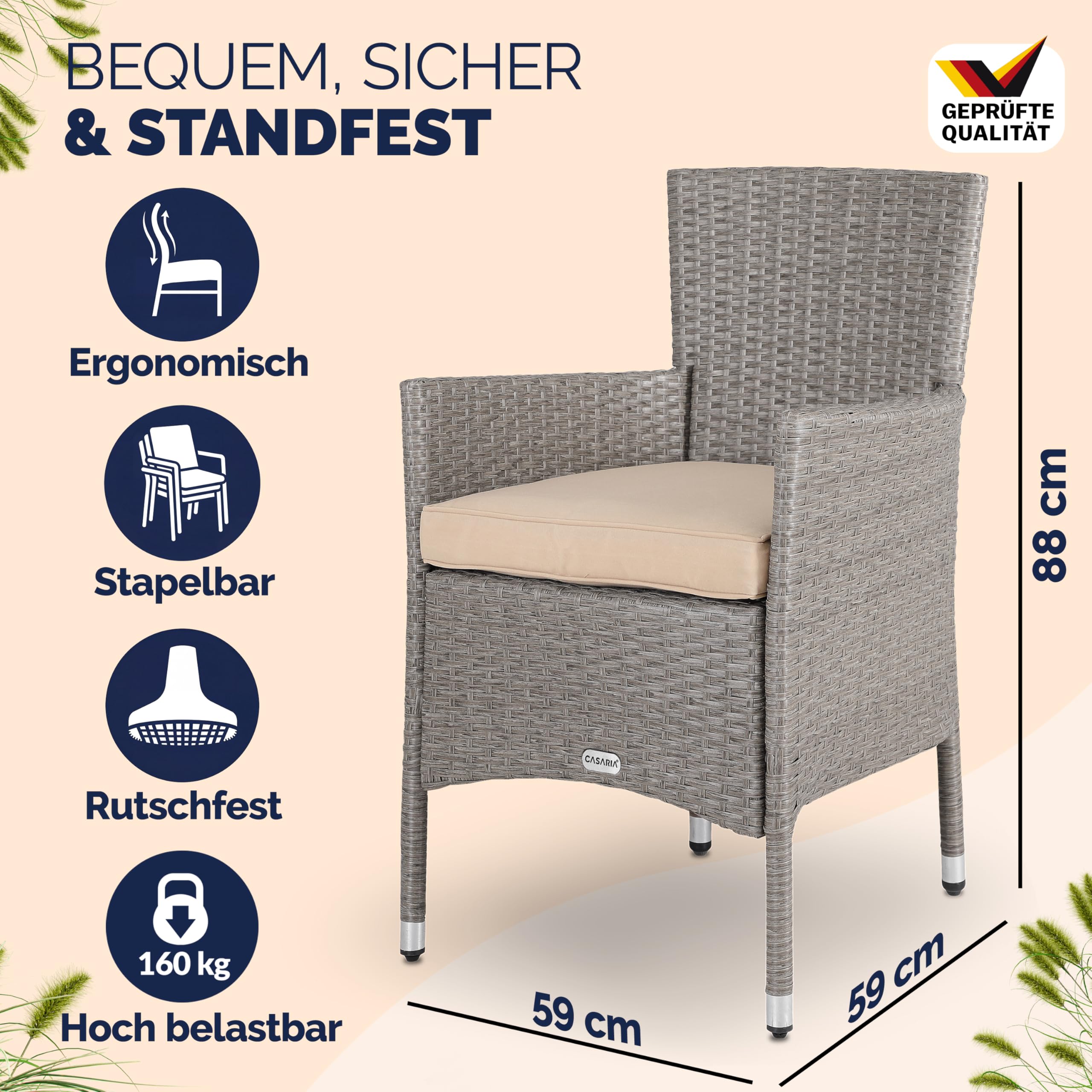 Casaria® 2er Set Poly Rattan Gartenstuhl mit Auflage Stapelbar Wetterfest 160 kg Belastbar Stapelstuhl Garten - Beige Grau