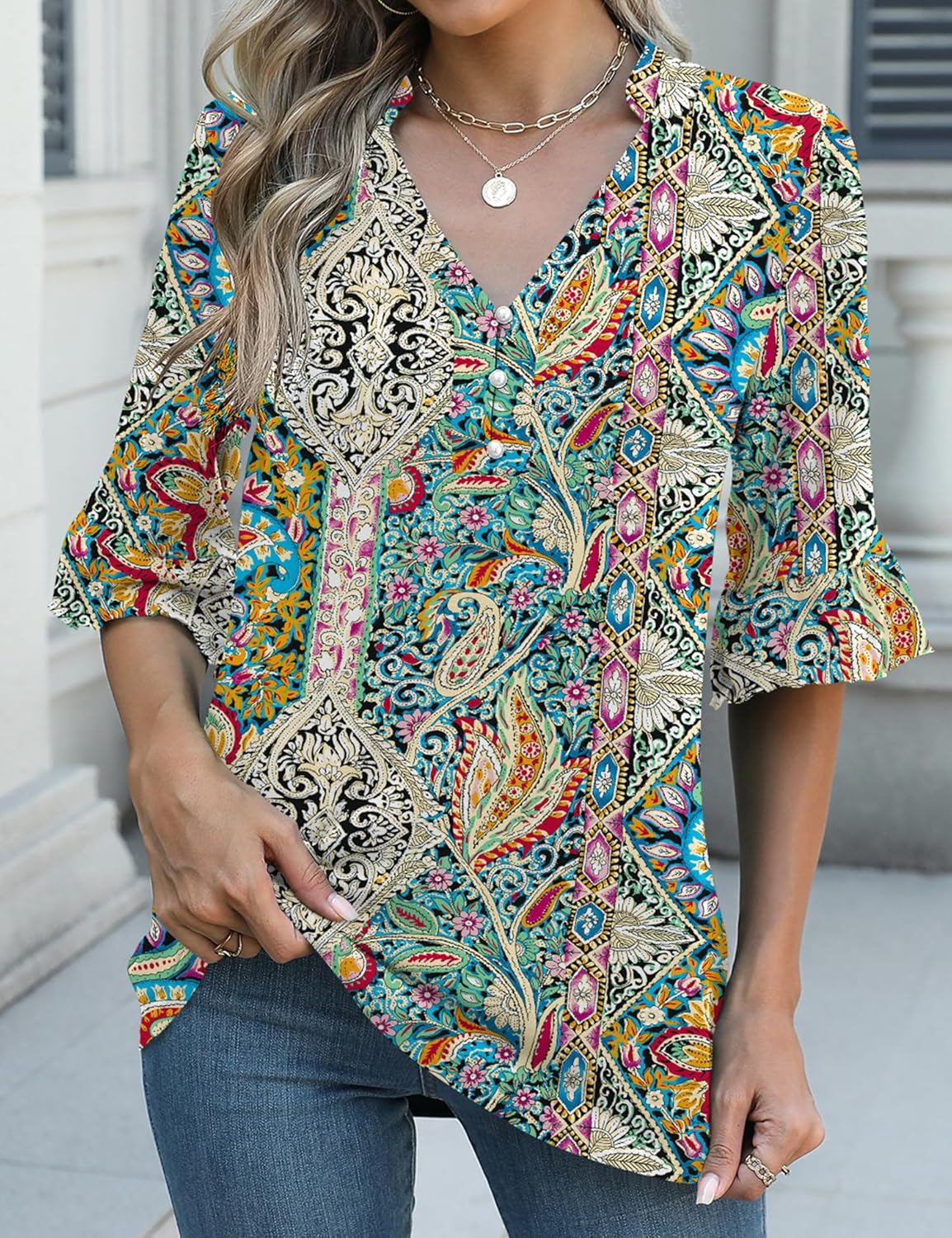 Rapbin Womens 3/4 Length Sleeve Blouses Ruffle Cuffs V Neck Button Down Shirts Dressy Flowy Tunic Tops - Image 2