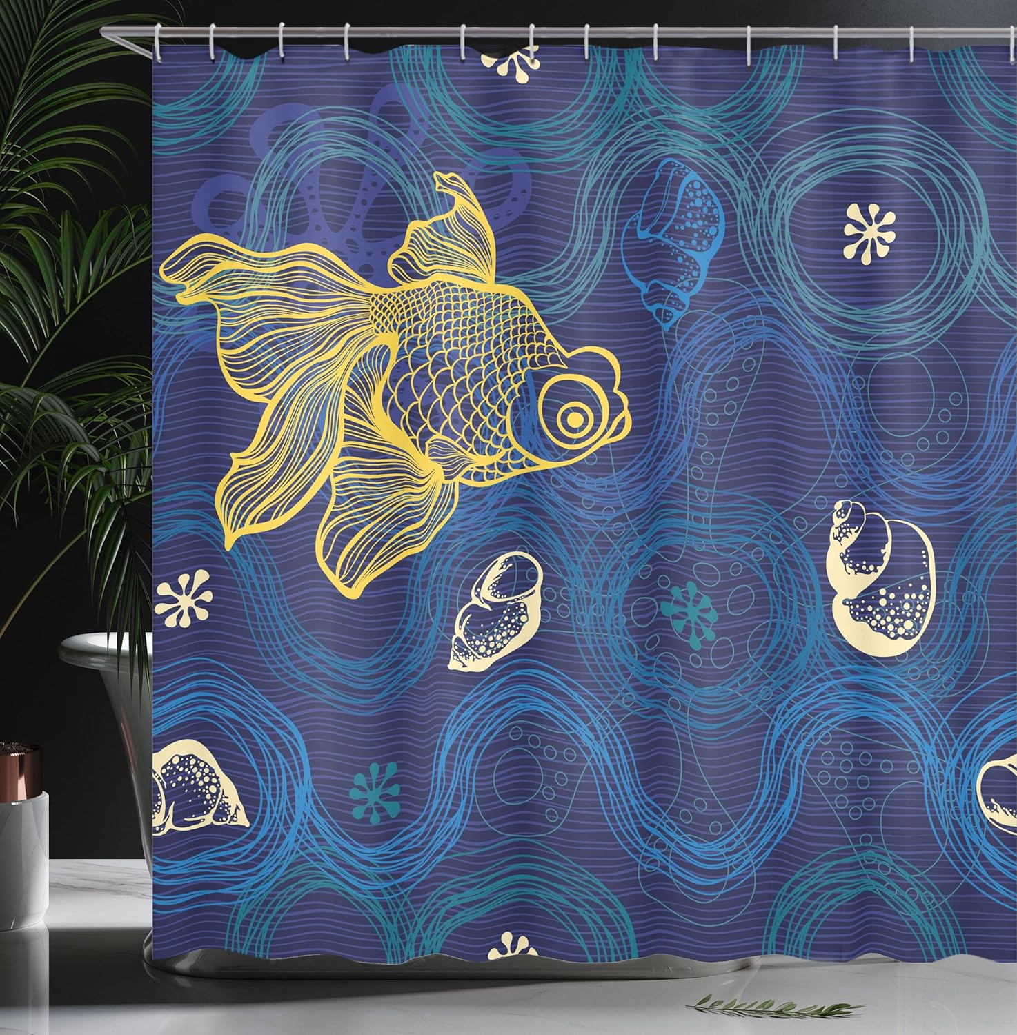 Ambesonne Modern Shower Curtain, Ocean Sealife Creature Fish Shell Wavy Flowers Mystic Nature Image Art, Cloth Fabric Bathroom Decor Set with Hooks, 69" W x 75" L, Navy Blue