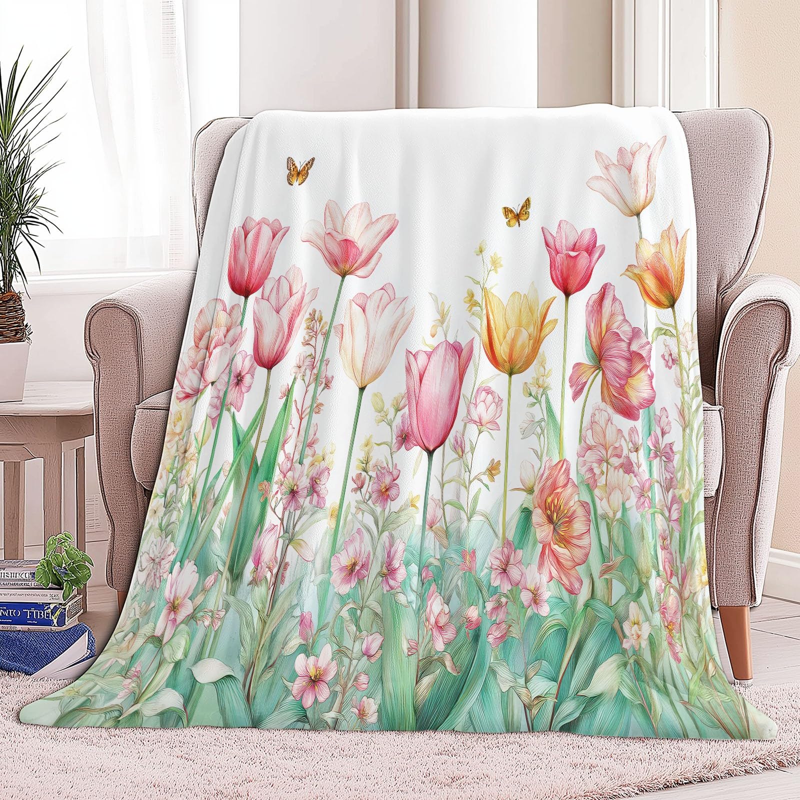 Przytulny koc flanelowy, puszysty, 150 x 200 cm, akwarelowe kwiaty i motyle, koc do mieszkania na kanapę i łóżko, miękki koc polarowy z mikrofibry, jako narzuta na kanapę, różowy