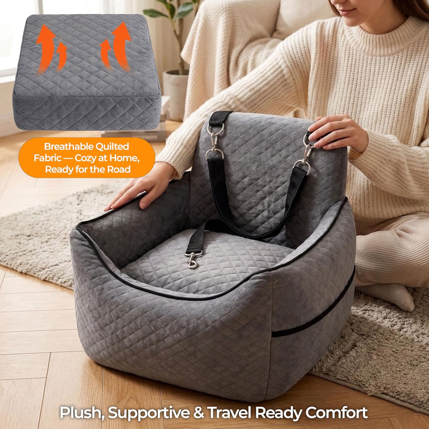 Dog Booster Seat for Small Dogs & Medium Sized Dog – Elevated Car Seat with Safety Leash, High Density Foam, Storage Pockets & Washable Cover – Up to 35 lbs for Puppies & Cats