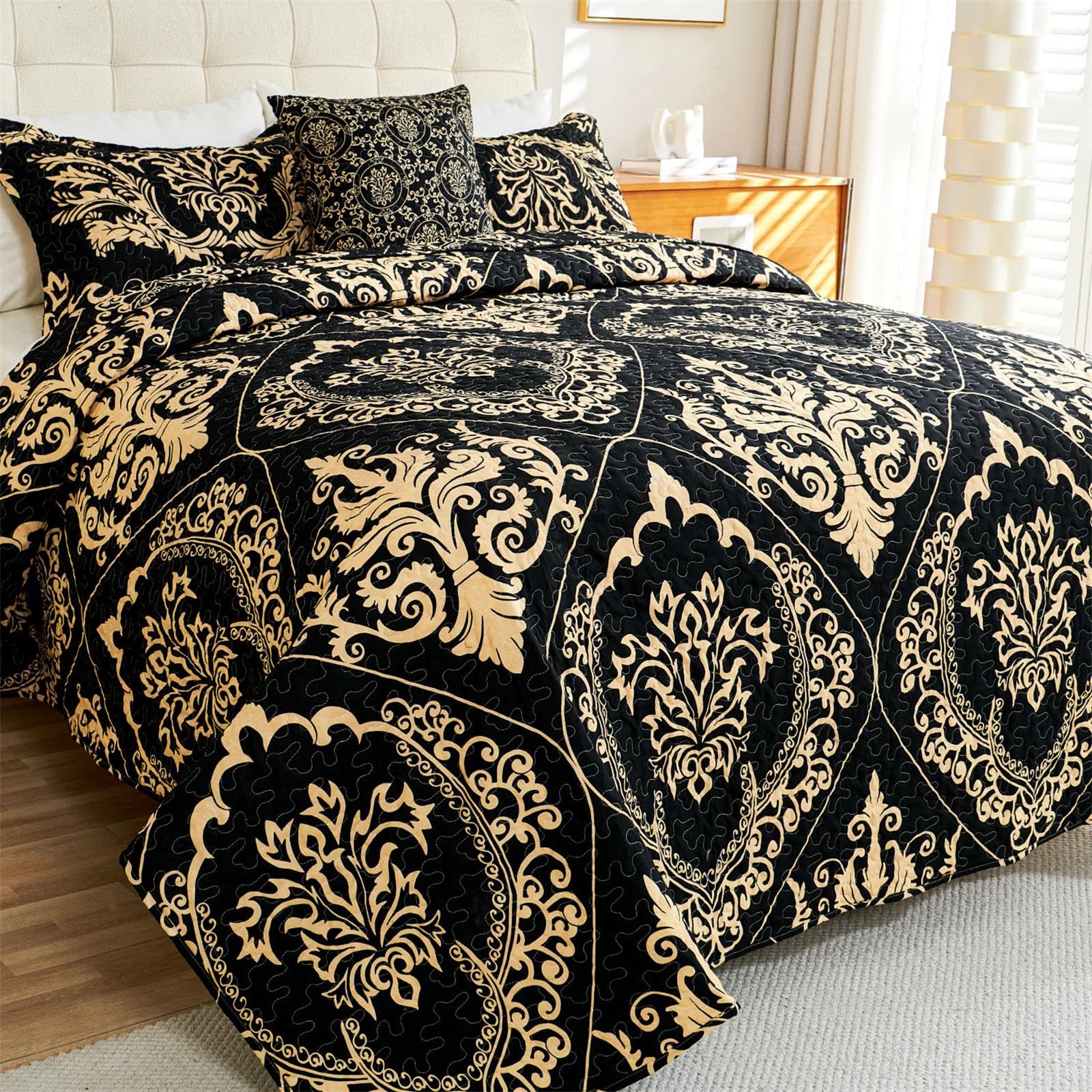 Photo 1 of Black&Gold Quilt Full/Queen Size,Boho Bedspread Coverlet for All Season,Quilted Lightweight Quilt Bedding Set 4 Pcs,Modern Geometric Pattern Bed Cover with 3 Pillow Shams (Black,Queen 92"x96")