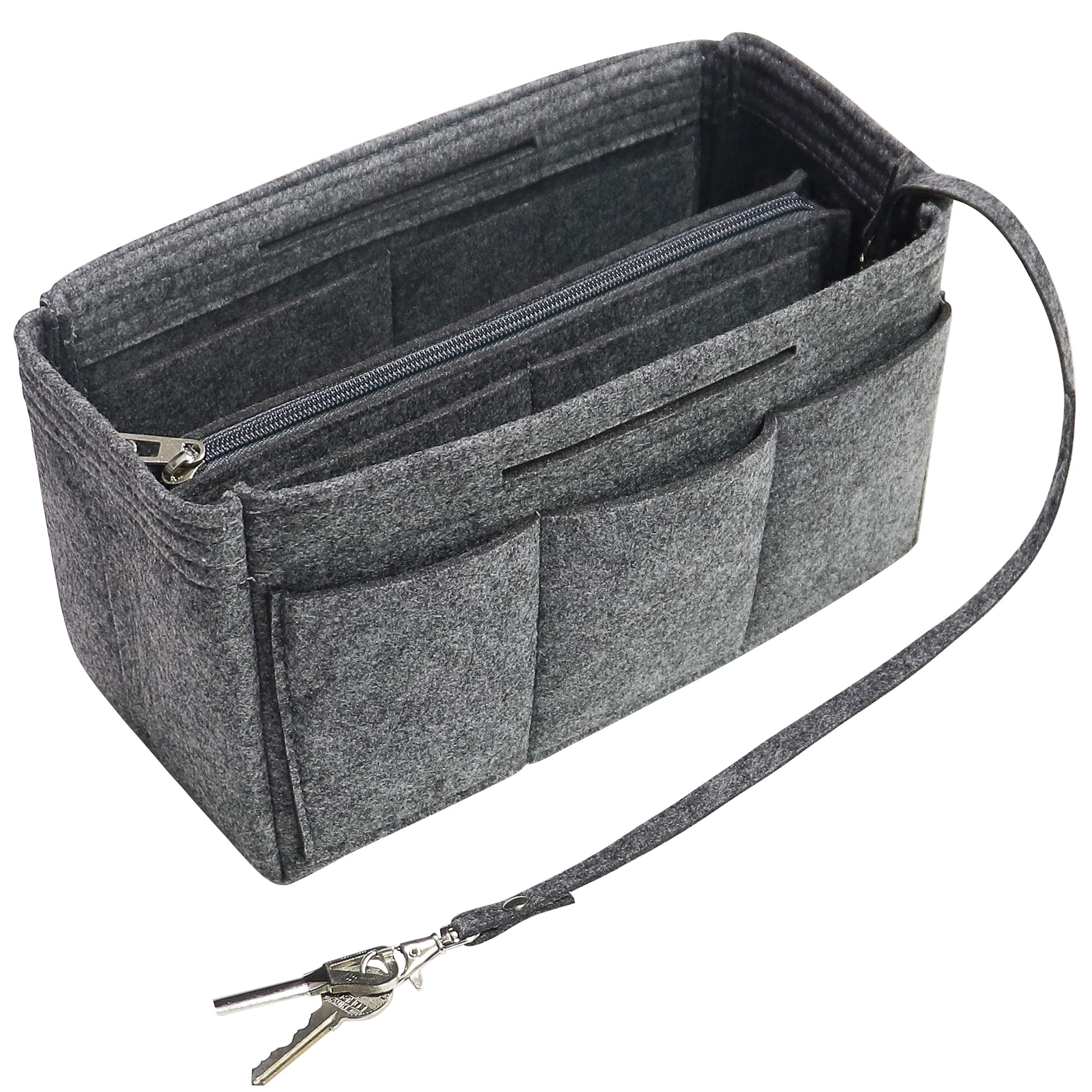 Purse Handbag Organizer Insert, MISIXILE Felt Bag Organizer with Handles and Keychain for Neverfull,Speedy,Longchamp&Tote Bags-Grey,Meidum