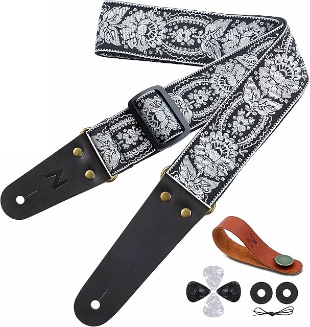 Nefelibata Guitar Strap, Vintage Embroidered Cotton Guitar Straps with Genuine Leather Ends for Bass, Electric & Acoustic Guitars, Come with Free Strap Button, 1 Pair Strap Locks and 4 Guitar Picks