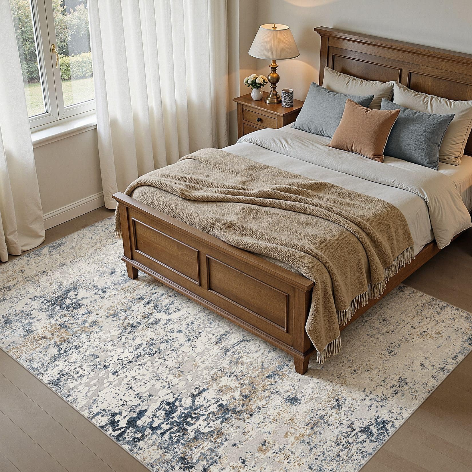 DMOYEST Teppich Wohnzimmer 200x300cm Modern Beige Blau Waschbar | Kurzflor Weich Maschinenwaschbar Rutschfest, Kinder und Haustierfreundlich für Schlafzimmer, Esszimmer und Büro