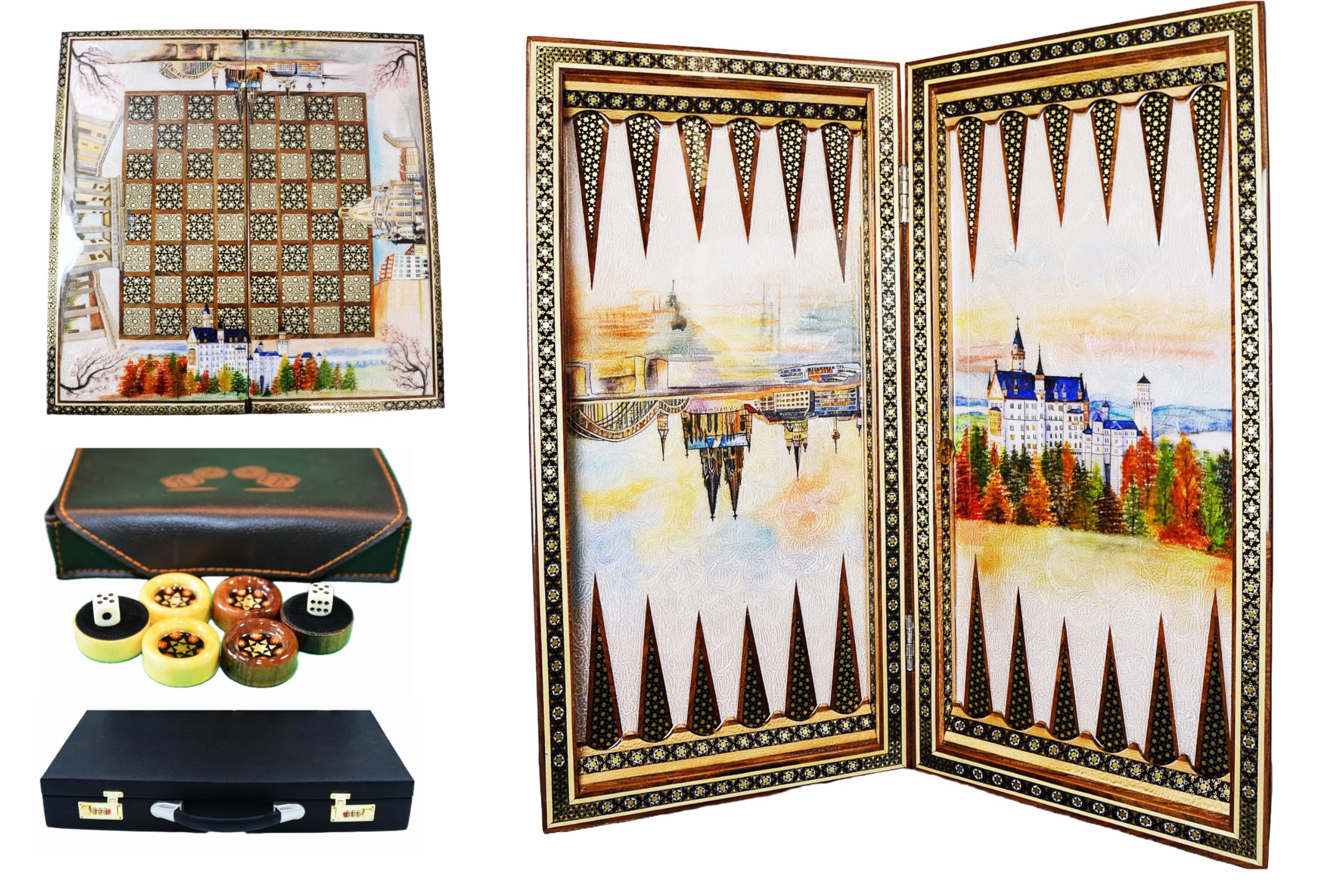 Sammelung von Backgammon-Schachbretter, Handgefertigt aus Holz, Intarsien-Design, handbemalt, Inklusive Schutzkoffer, Würfel & Spielsteine aus Holz, 50 x 50 cm, 3,5 kg (Premium Dom, Neuswanstei, 01)