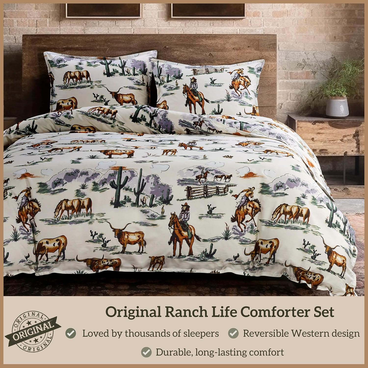 Paseo Road Ranch Life Western Bedding, 3 Piece King Size Cotton Comforter Set, Green Longhorn Horse Cow Cowboy Print Western Comforter Set, Soft Cozy Rustic Southwestern Bedding with Pillow Shams