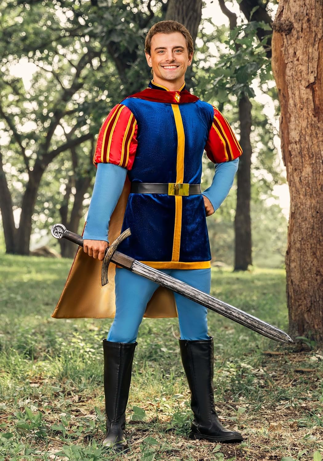 Mens Sleeping Beauty Prince Phillip Halloween Costume | Adult Prince Charming Outfit with Tunic, Pants, Cape, & Belt - Image 3