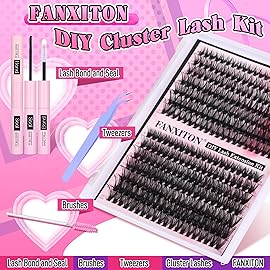 FANXITON DIY Individual Eyelash Extension Kit, Thick Volume Lash Clusters 40D+50D D Curvature, 280 Pieces Thin Band Cluster Lashes with Bond and Seal Tweezers