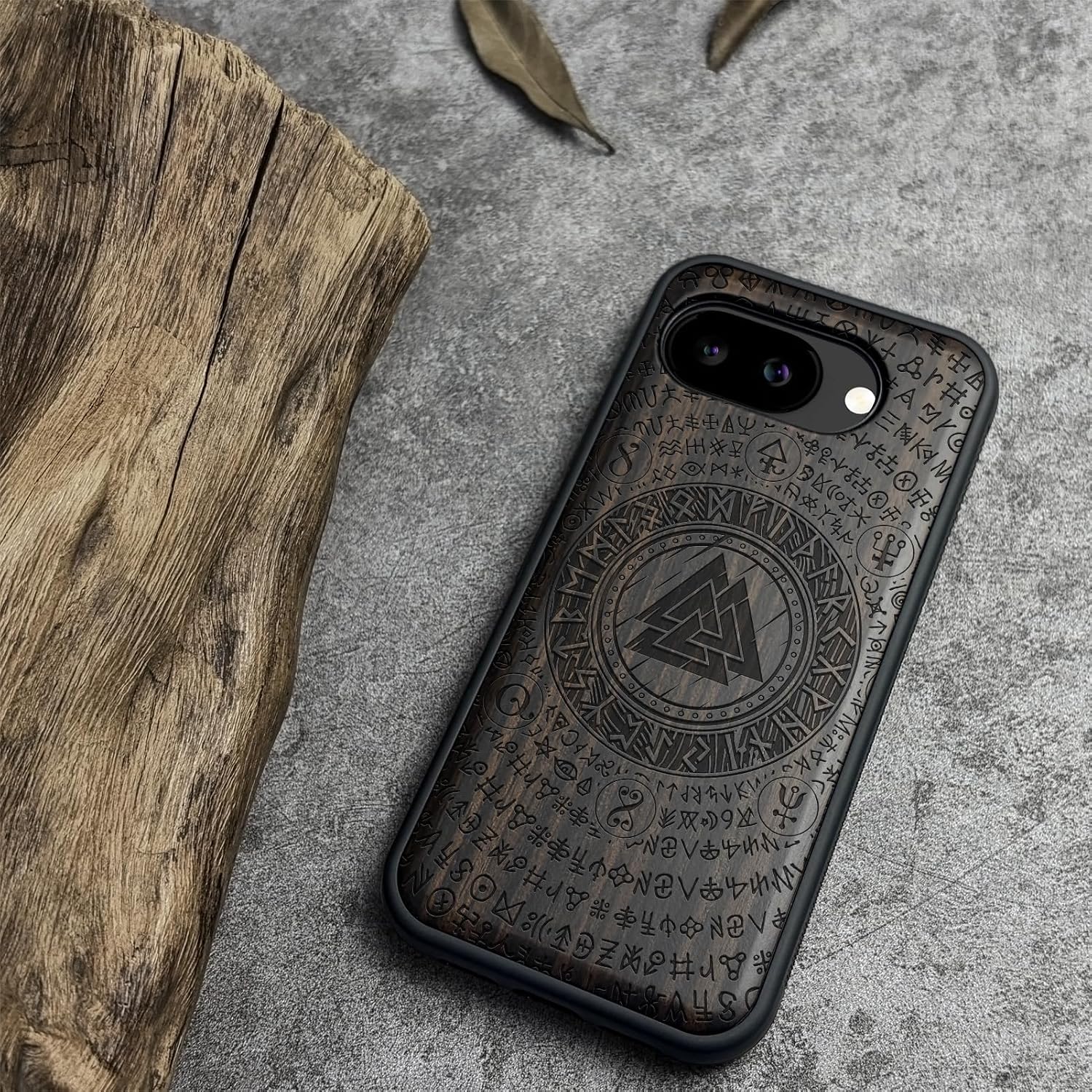 Carveit Magnetic Wooden Case for Google Pixel 10a Case, Wood Artisan Engraved & Soft TPU Shockproof Cover, Compatible with MagSafe Wireless Chargers (Ancient Wisdom in Viking Design) Blackwood