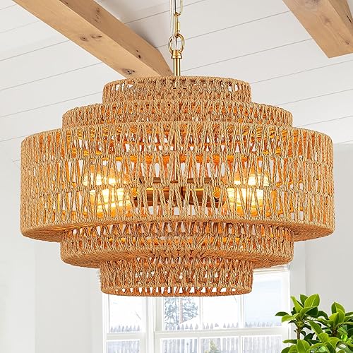 Miniatura 13 de Candelabro de Ratán Tejido a Mano para Comedor Candelabro Bohemio de 20 Pulgadas Candelabros de Bambú Estilo Granja 4 Luces Lámparas Vintage Oro