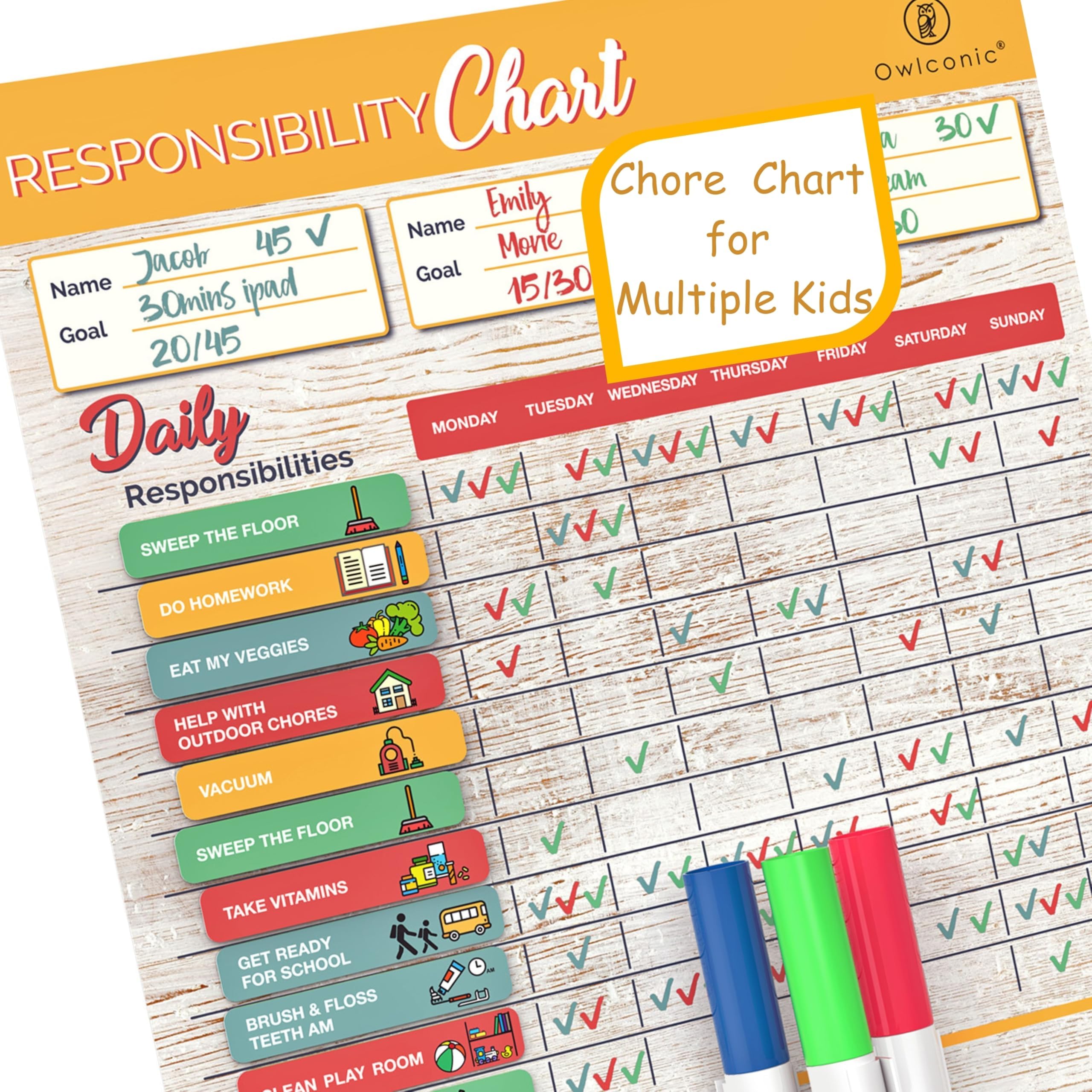 Magnetic Sticker Reward Responsibility Chore Chart for Multiple Kids. Behavior at Home Calendar, Dry Erase Family Planner with Weekly Chores. Perfect Schedule Board for Toddler to Teen.