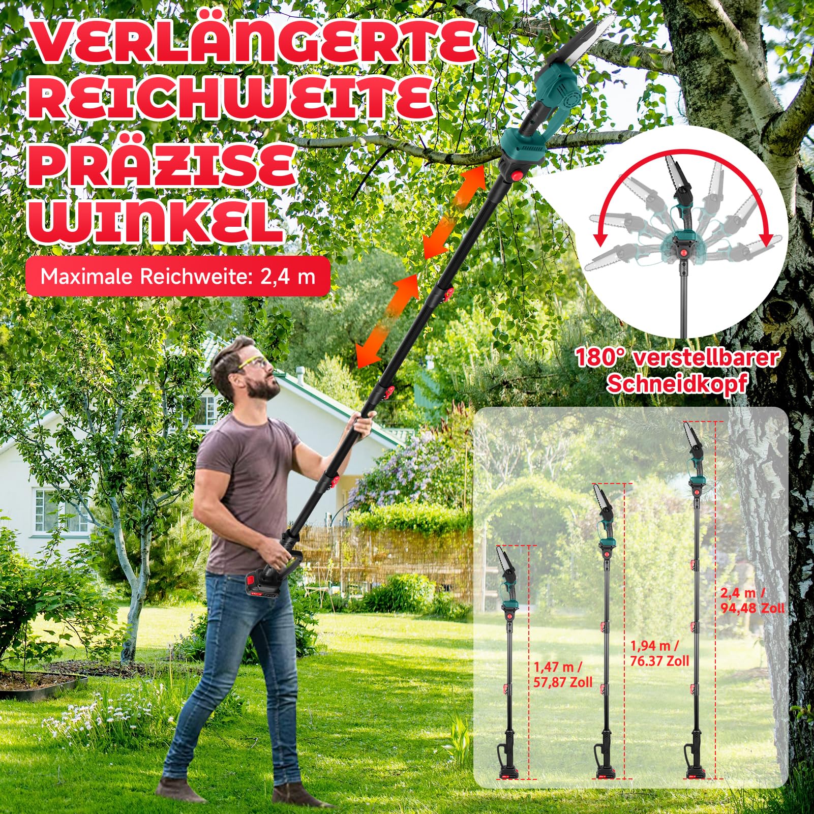 2-in-1 Akku Hochentaster & 8"Mini Kettensäge, BüRstenloser Motor, 7.87 Fuß Teleskopstange Akku Hochentaster mit 2 x 2.0Ah Akku, Elektro Hochentaster AstsäGe für Baum Trimmen Ast Schneiden Gartengerät