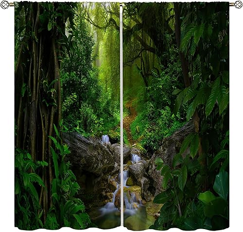 Miniatura 30 de Cortinas de cascada, patrón de paisaje con tema de naturaleza primaveral en bosque, cortinas térmicas opacas para dormitorio y sala de estar, juego