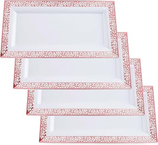 Yumchikel-Plastic Serving Tray & Platter Set (4pk) White & Rose Gold Lace Disposable Party Trays & Platters for Food - Weddings, Dessert Table, Cupcake Display -14"x7.5" inches