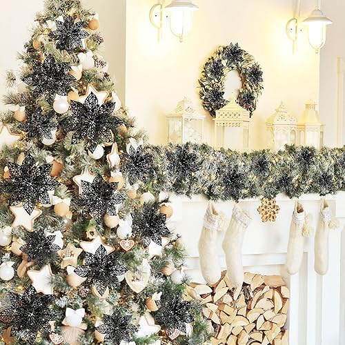 Vista 117 de 24 piezas de adorno de árbol de Navidad de Nochebuena con brillantina. Adorno de decoración de flores de Navidad. 3, 4 y 6 pulgadas / 7.62, 10.16