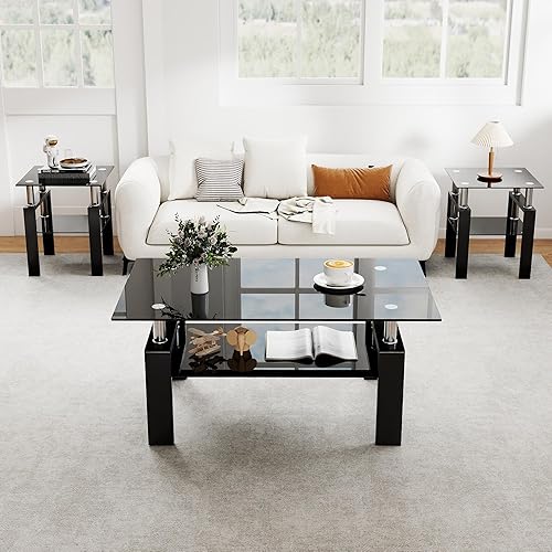 Miniatura 2 de IANIYA Juego de mesa de 3 piezas para sala de estar, moderno juego de mesa de centro de vidrio templado, mesa auxiliar de cristal con marco de metal