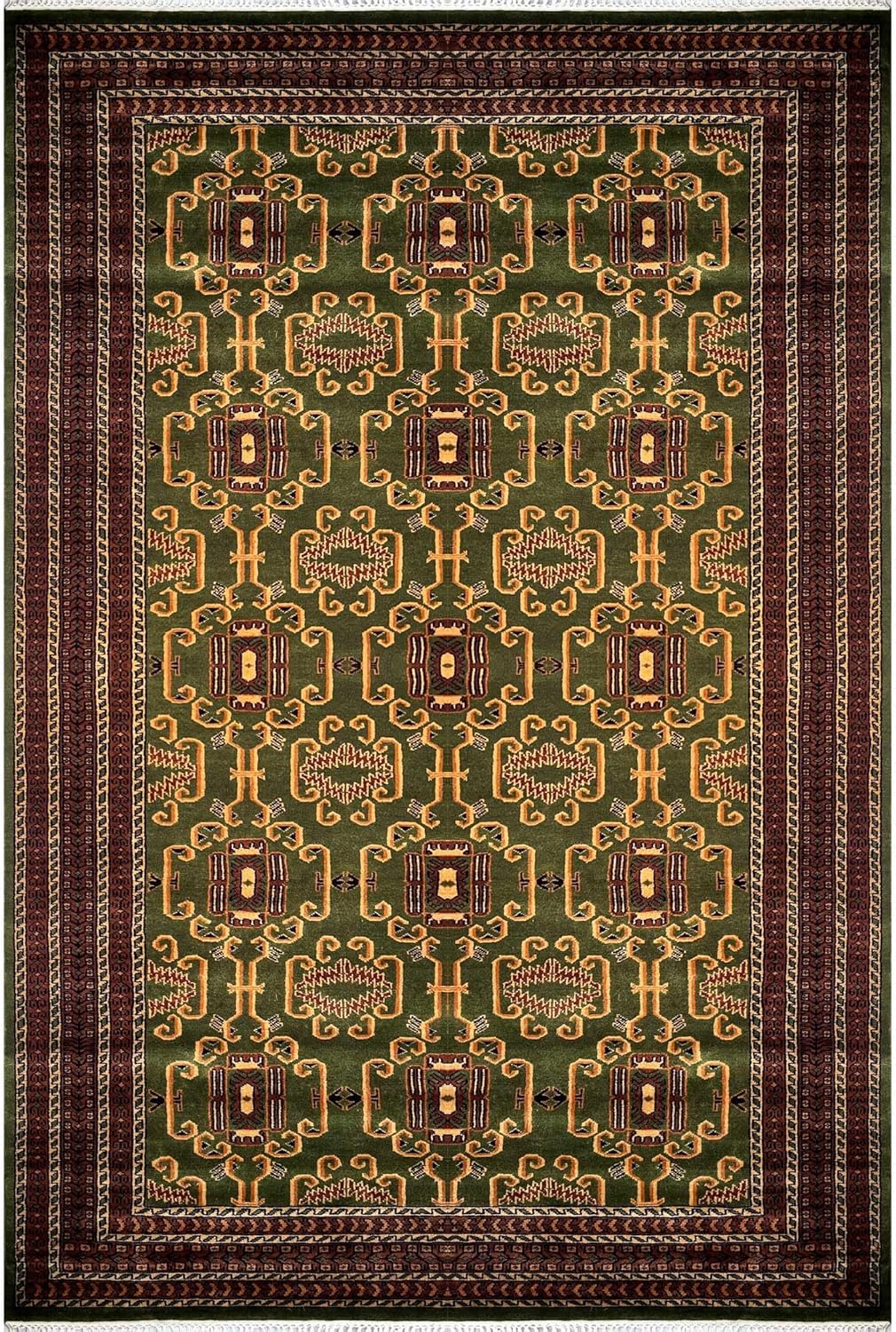 Handmade Hand Knotted Woolen Area Rug, Green, 6x9ft, Palace Style, Geometric Pattern, Traditional Design with Fringes