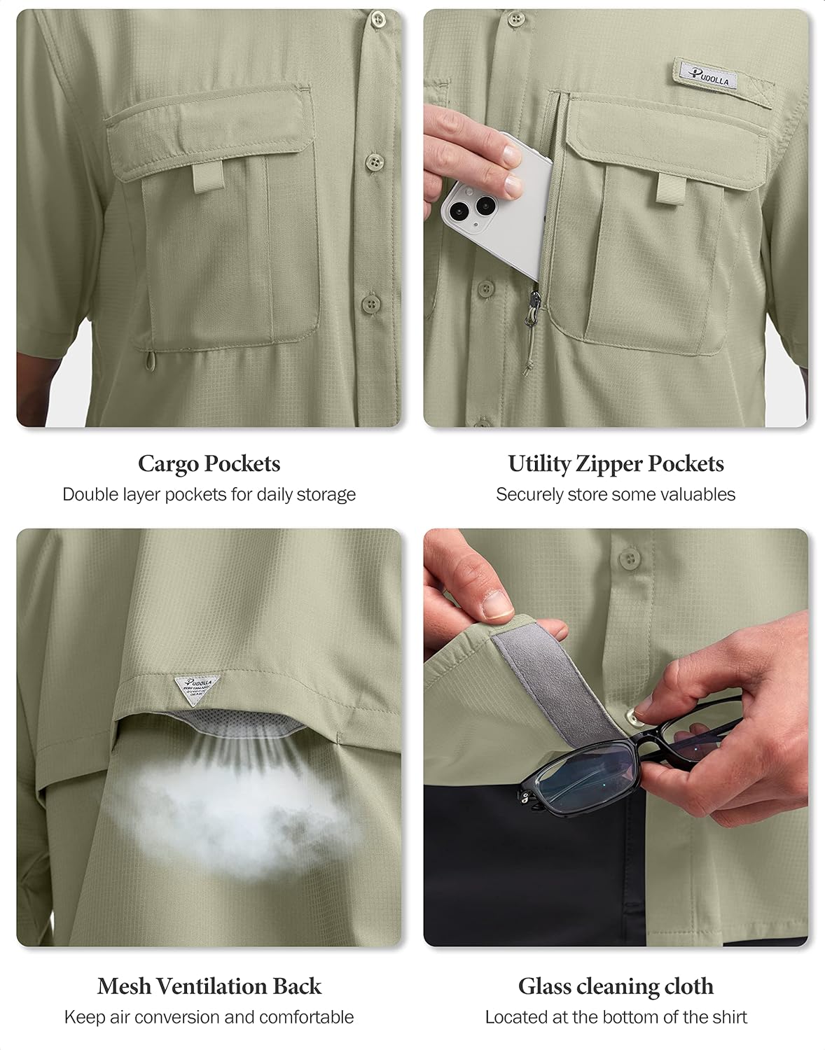Pudolla Men's Fishing Shirts with Short Sleeves, Summer Travel Work Shirts, Button Down with UPF50+ and Zipper Pockets - Image 4