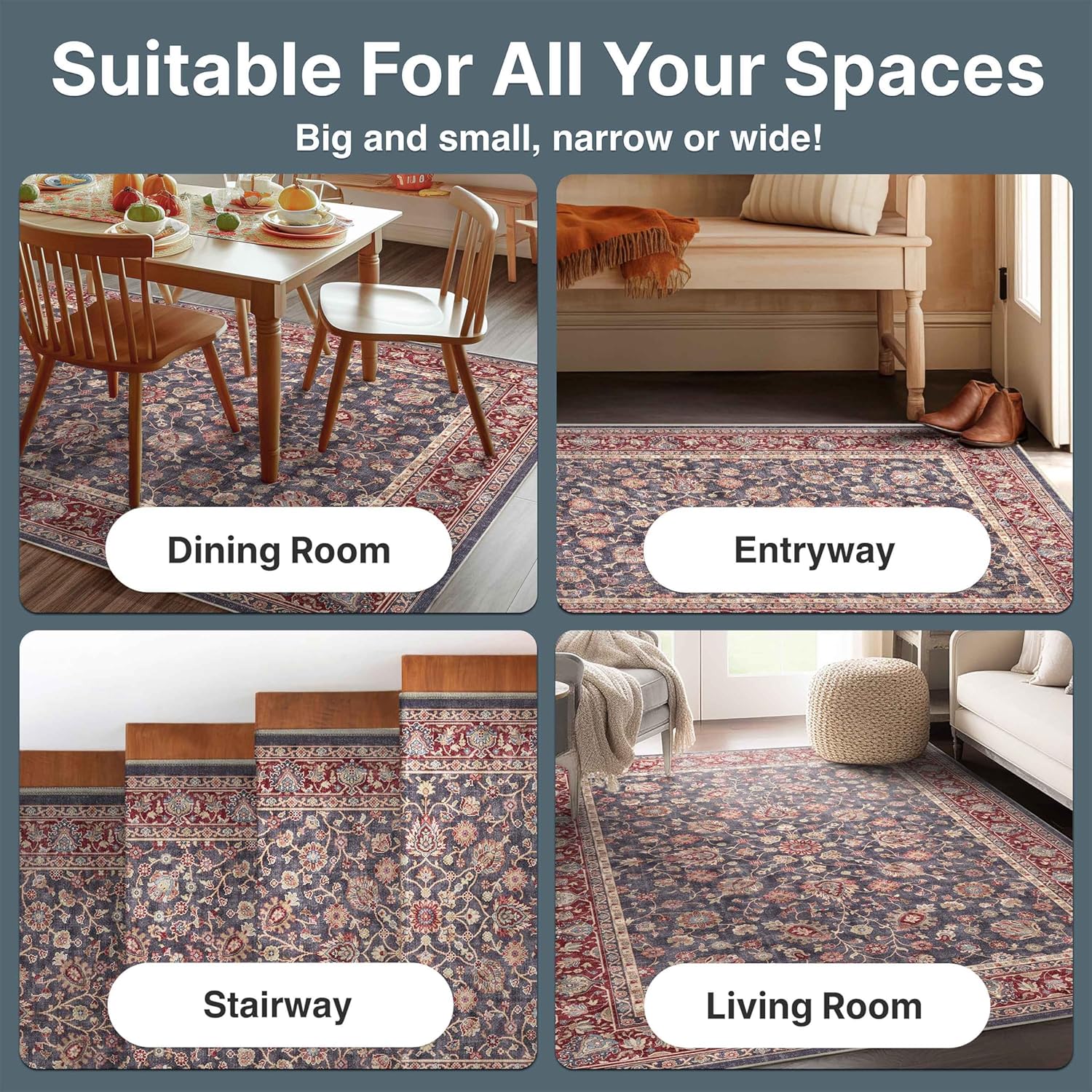 Well Woven Asha Rome Navy Blue Red 2'3" x 7'3" Runner Rug - Oriental Floral Pattern, Easy Clean, Floor-Friendly Backing - for Hallway, Entryway, and Kitchen