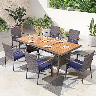 PHI VILLA Outdoor Dining Set for 6, Rectangular Wicker Table with Acacia Wood Top & Rattan Chairs with Cushions, 74” Large Modern Furniture Set for Patio, Deck, Backyard, Porch