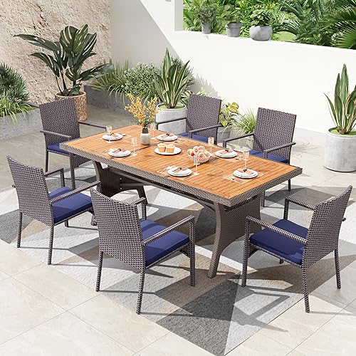 PHI VILLA Outdoor Dining Set for 6, Rectangular Wicker Table