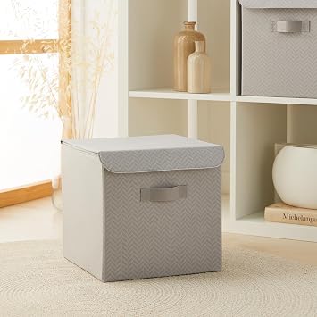 Ocean Home Textile Gri Balıksırtı Kapaklı Kutu 30 x 30 x 30 cm