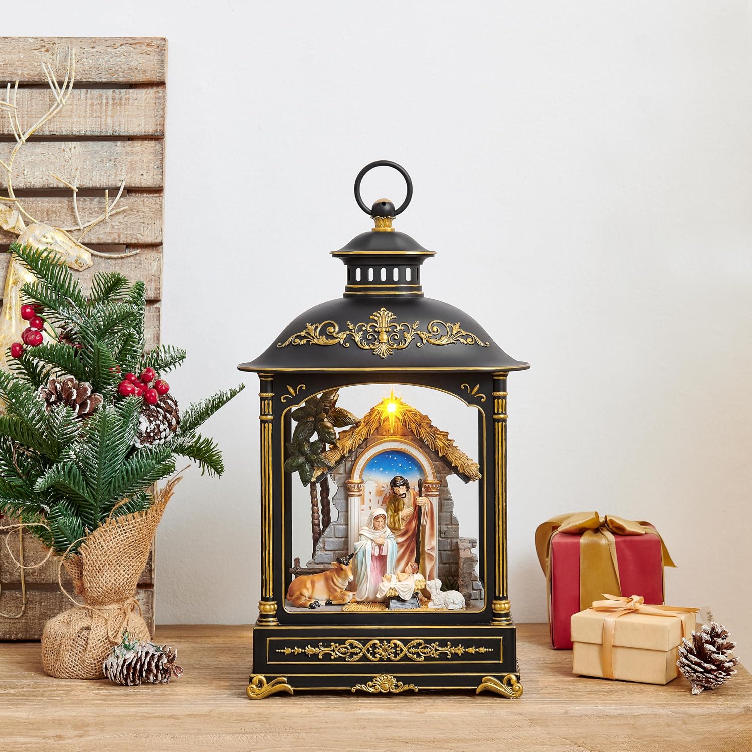 Danya B. Tabletop Antique Black and Gold Ornate Christmas Nativity Scene Diorama Lighted Lantern Decoration