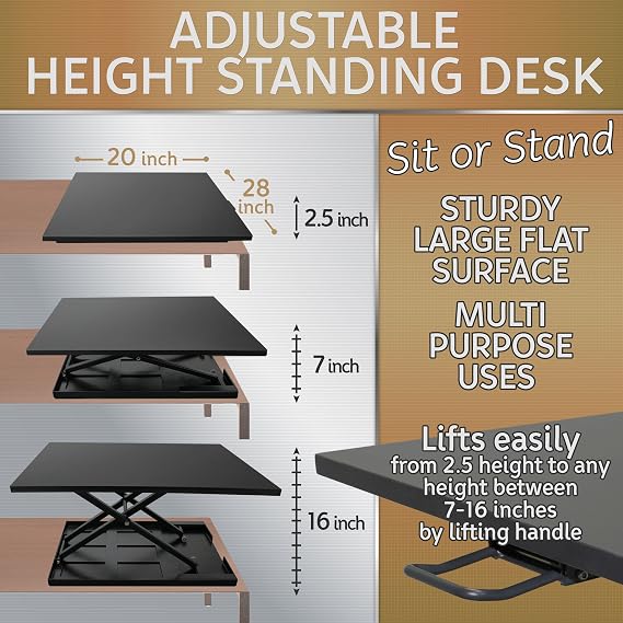 Standing Desk Height Adjustment Converter - Sit to Stand Up Desktop Table Riser - Elevating Computer Laptop Notebook Workstation Rising Portable Table Top - Best Office Practice 28 X 20 INCHES Black