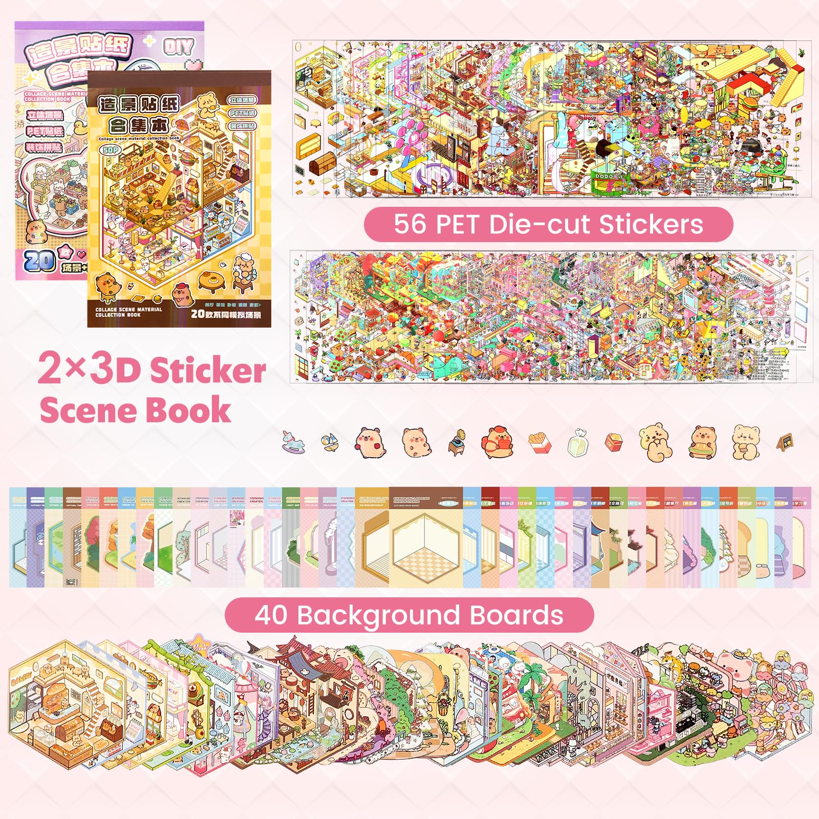 40 zestawów naklejek 3D House – 2 książki Diy Cozy Little Home House Scene Sticker Book Therapy, wielokrotnego użytku, zestaw naklejek na dom, kolekcja książek, miniaturowy dom 3D, z 2 pęsetami dla