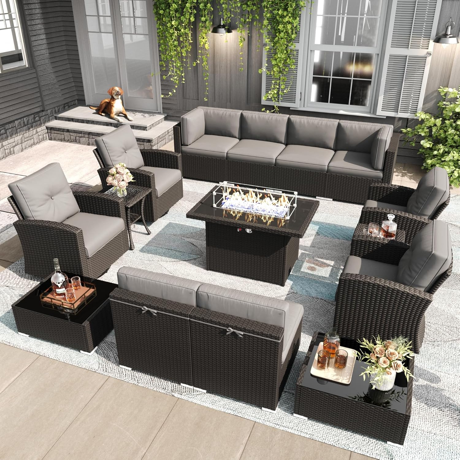 LayinSun 15 Pieces Patio Furniture Set with Fire Pit Table, Black Rattan Modular Sectional Outdoor Conversation Sofa Set, Swivel Rocking Chairs Set