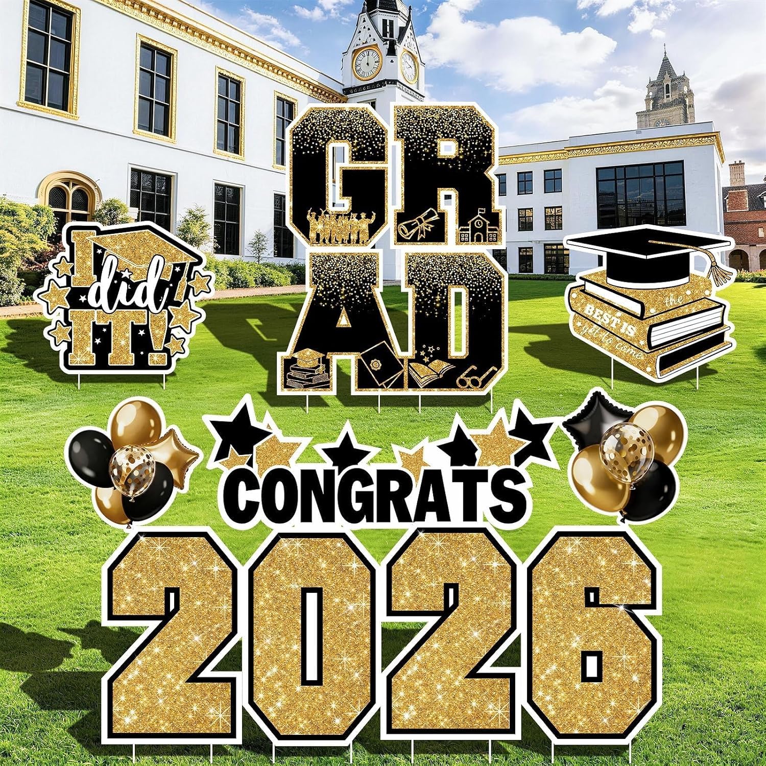 Graduation Yard Signs Class of 2026 Decorations, 11PCS Black Gold Congrats Grad 2026 Lawn Sign Large Yard Decor with Stakes for Outdoor Senior High School College Garden Prom Send Off Party Supplies
