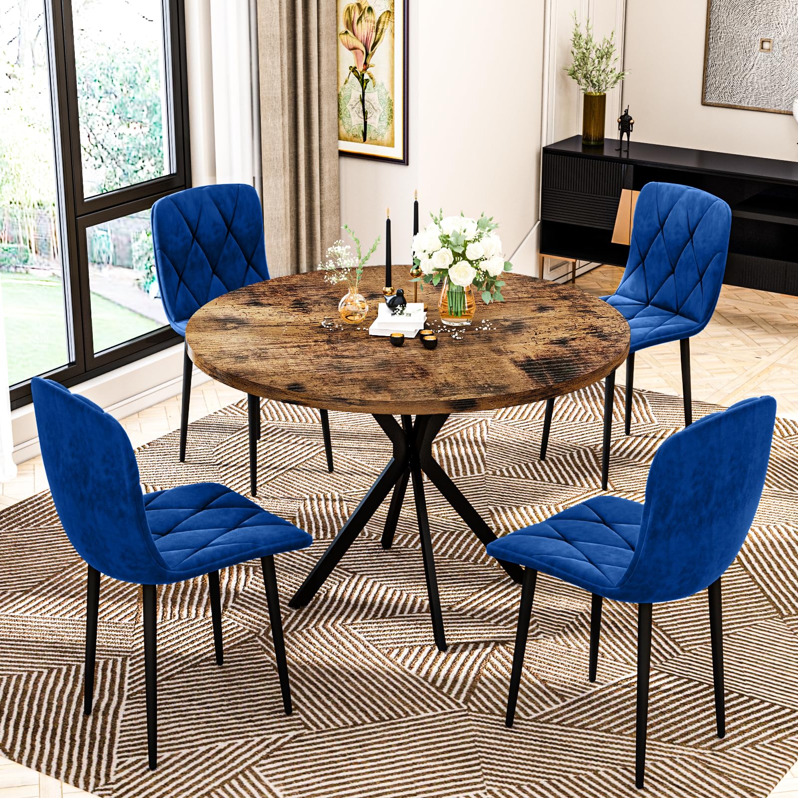 LTTROMAT Round Dining Table Set for 4, 39" Modern Kitchen Dining Table & 4 Upholstered Velvet Backrest Chairs, Small Space Kitchen Table Set for Dining Room Apartment(Brown Table + 4 Blue Chairs)