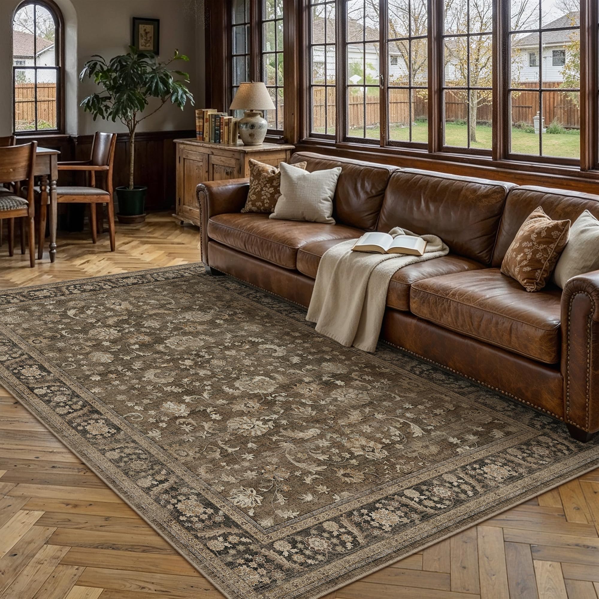 PureCozy Brown Area Rug 5x7 Vintage Floral Distressed