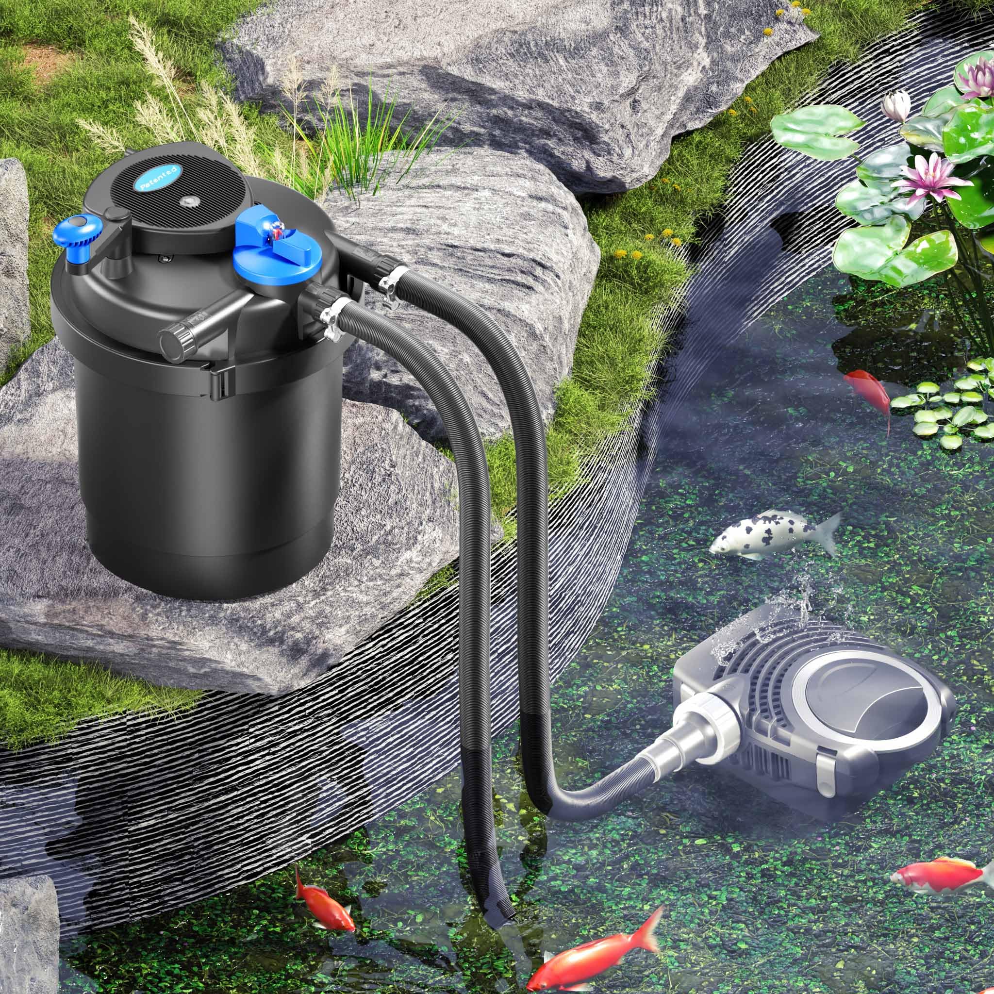 SunSun Komplettset: CPF-2500 Teichdruckfilter bis 6000 L mit 11 Watt UV-C Teichklärer, NEO-2800 SuperECO Teichpumpe 3000l/h 10W, 5m Teichschlauch 32 mm (1 1/4"), Schlauchschellen W1 44-47mm