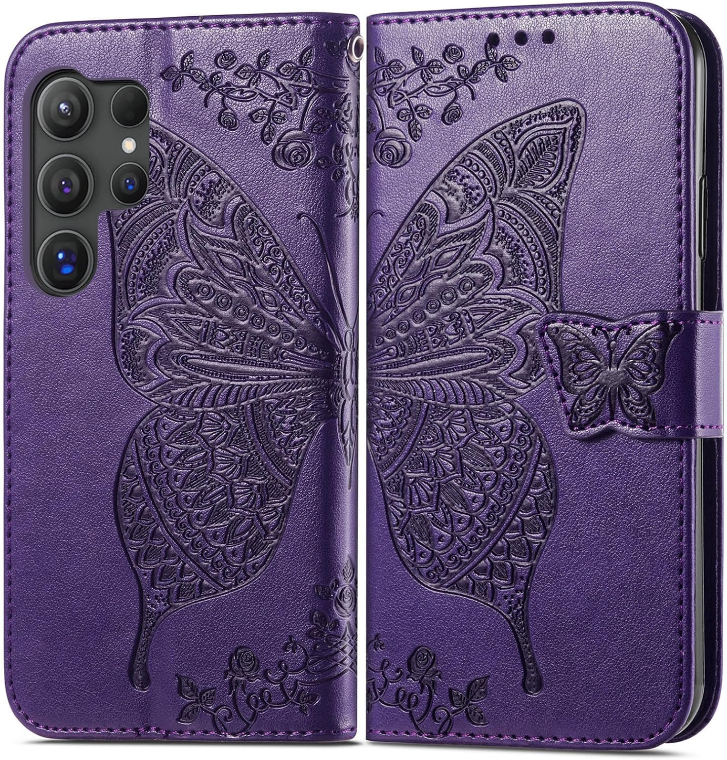 HAOTP for Samsung Galaxy S25 Ultra Phone Case Wallet,Women Flip Folio Cover Credit Card Holders Emboss Butterfly Flower PU Leather Purse Wrist Strap Kickstand Case for Samsung Galaxy S25 Ultra Purple - Image 4